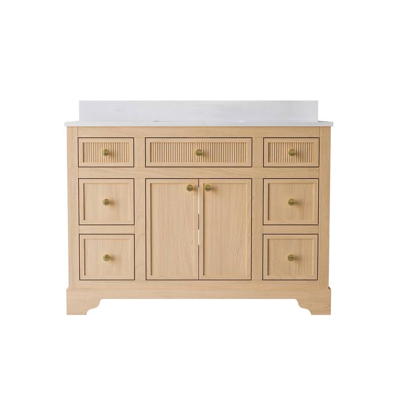 35''H Bath Solid Wood Vanity with Stain-resistant Carrera White Quartz Top And Single Sink