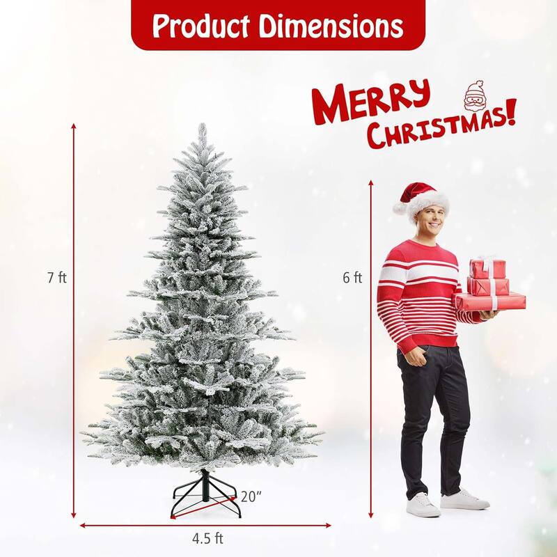 Christmas Tree Snow Flocked Hinged Cold Holiday Decoration Tree - Green, White - 7 Foot