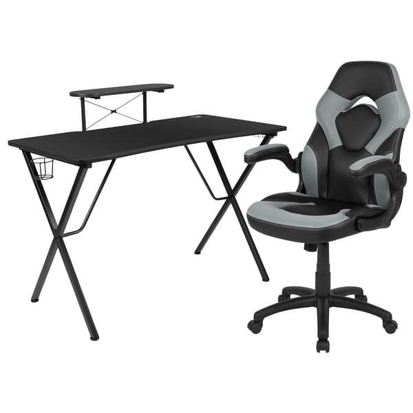 slide 2 of 10, Gaming Desk & Chair Set with Cup Holder, Headphone Hook, and Monitor Stand Grey
