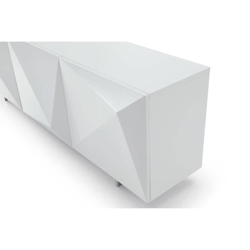 HomeRoots 87" White Wood Carved Geometric Sideboard With Three Doors - 87.00 in. x 29.00 in. x 20.00 in.