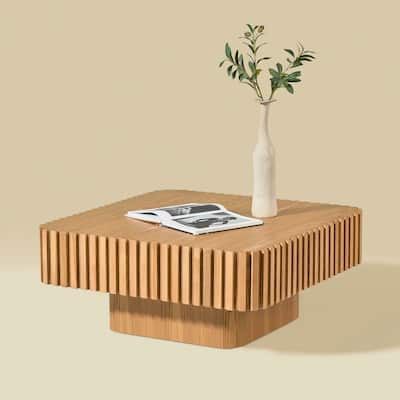 Modern Handcrafted Drum-Shaped Coffee Table Square Coffee Table with Wood Veneer and Base, for Living Room‌ Natural Color