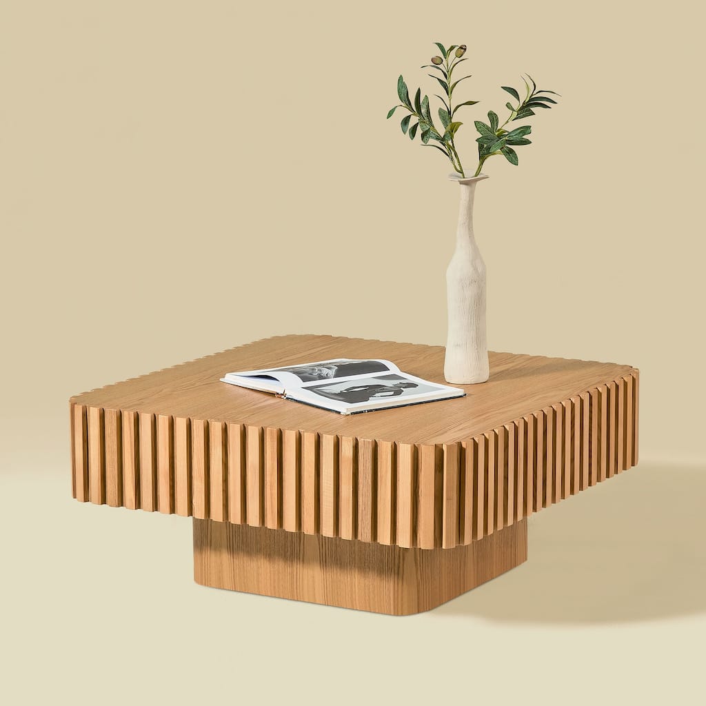 Modern Handcrafted Drum-Shaped Coffee Table Square Coffee Table with Wood Veneer and Base, for Living Room‌ Natural Color