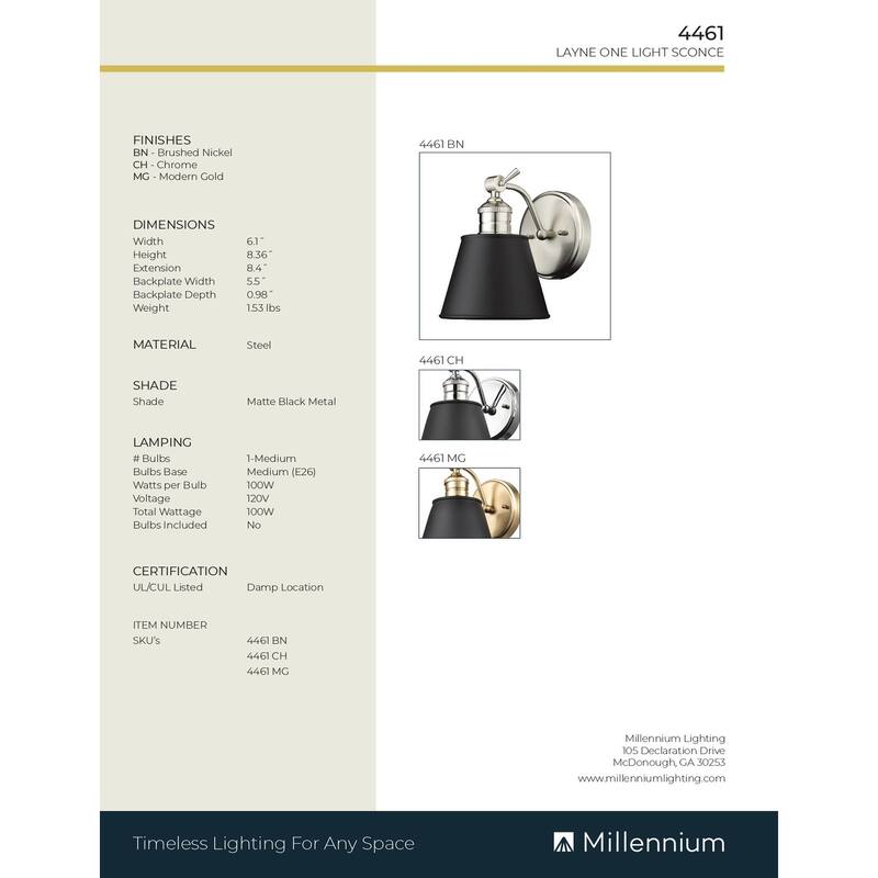 Millennium Lighting Layne 1 Light Wall Sconce in Modern Gold or Chrome Finish
