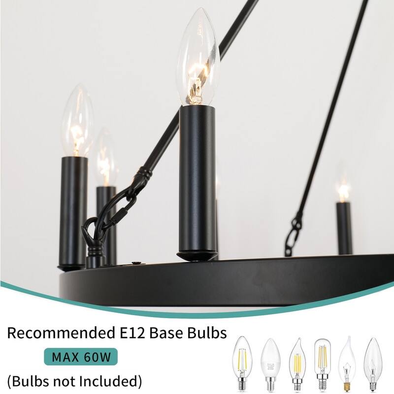 12-Light Wagon Wheel Chandelier 38" Black Farmhouse Round Chandeliers - 38inch