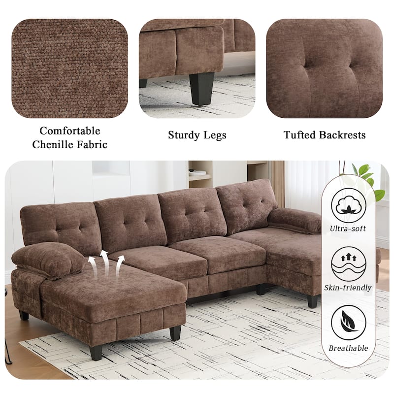 Roomfitters U-Shaped Chenille Sectional Sofa with Dual Chaises, Armrest Pillows and Storage Pockets for Living Room