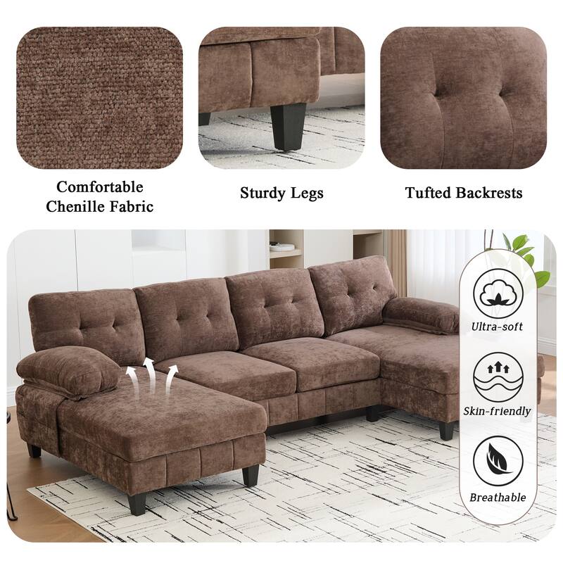 U-Shaped Modular Sectional Sofa with Dual Chaise Lounges, Chenille Fabric Cloud Couch with Storage Pockets & Armrest Pillows