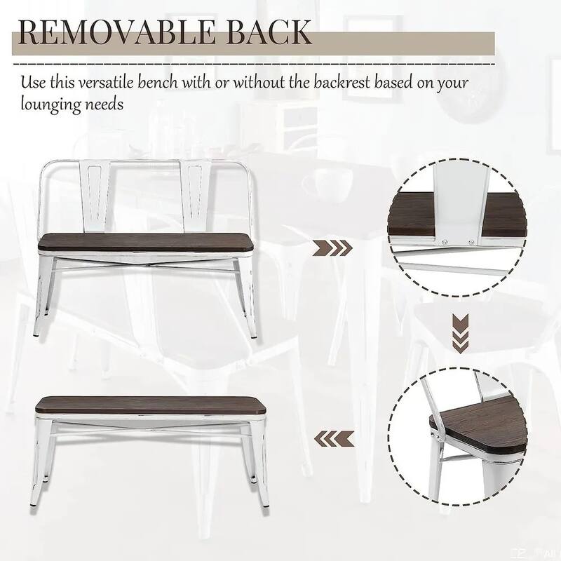 EROMMY Farmhouse-Inspired Dining Bench with Back, Industrial Metal Bench for Entryway, Wooden Seat, Accommodates 3 People,White