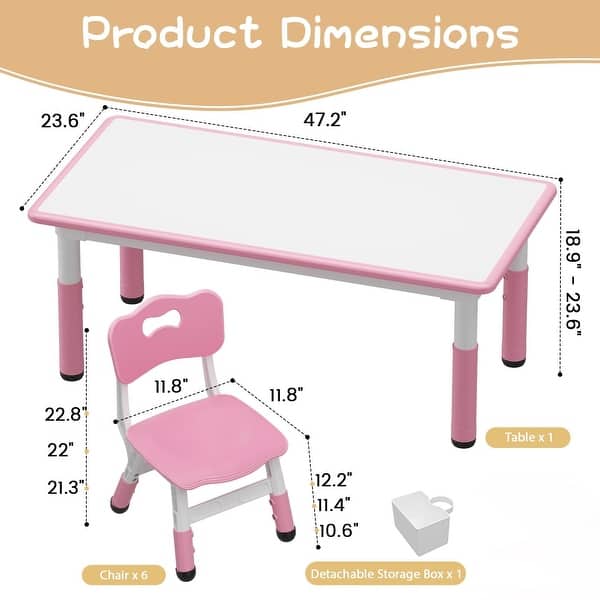 dimension image slide 2 of 6, Height Adjustable Kids Table and 6 Chairs Set with Storage Box
