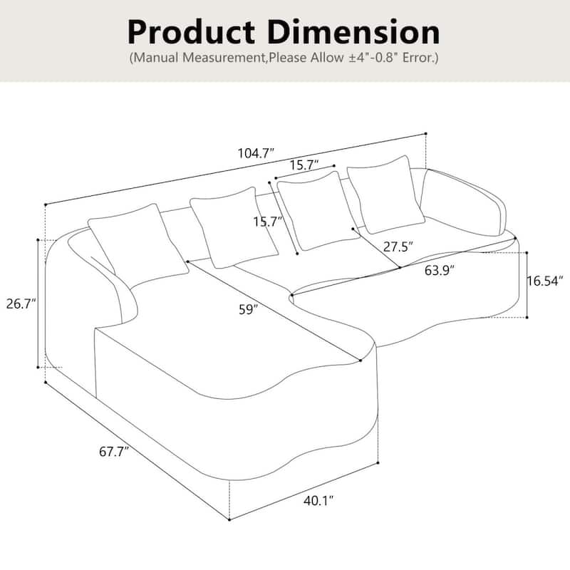 L-Shape Sectional Sofa with Curved Chaise, Beige Modular Chenille Couch