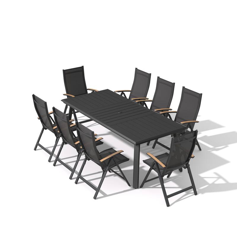 9/11/13-Piece Outdoor Patio Dining Set All-Weather Aluminum Dining Table with Umbrella Hole and Adjustable Folding Chairs - Black - Set of 9