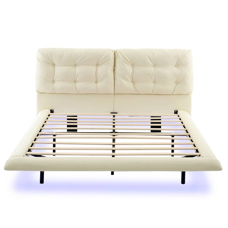 Queen Size LED Upholstered Platform Bed with Button-Tufted Headboard, Easy Assembly, No Box Spring Needed, White