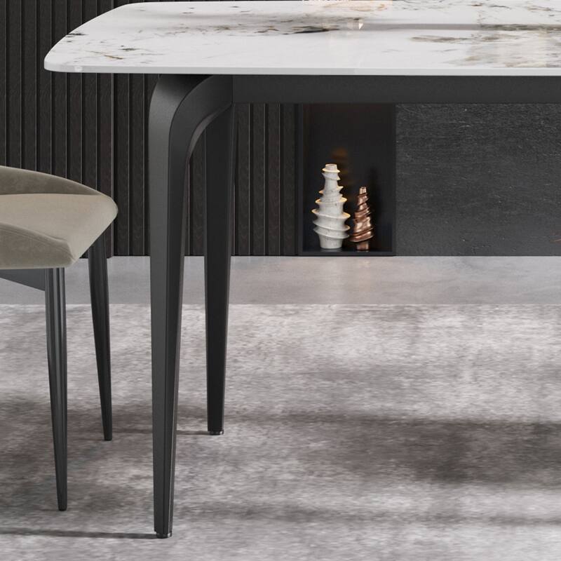 70.87"Modern artificial stone Pandora white curved black metal leg dining table-can accommodate 6-8 people
