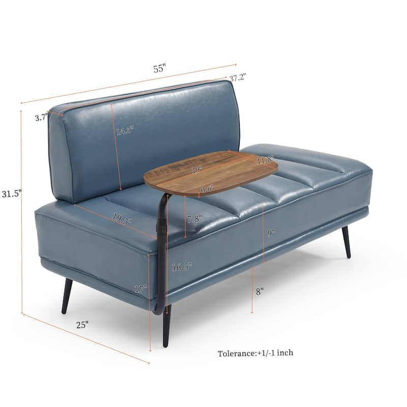 55 Inch Wide PU Sofa Bench with 360-degree Swivel Side Table and Metal Legs