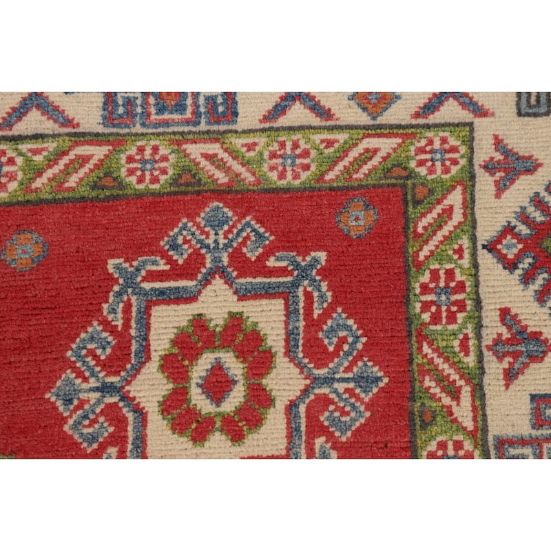 Geometric Kazak Area Rug Handmade Oriental Red Living Room Wool Carpet - 4'11" x 6'8"