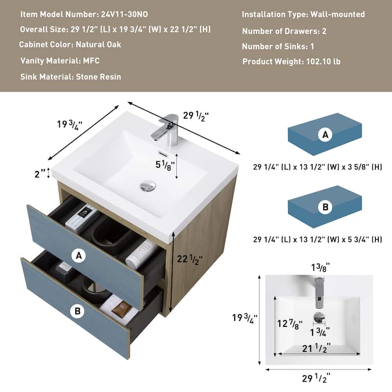 30" Modern Wall-Mounted Floating Bathroom Vanity with Sink, Drawers