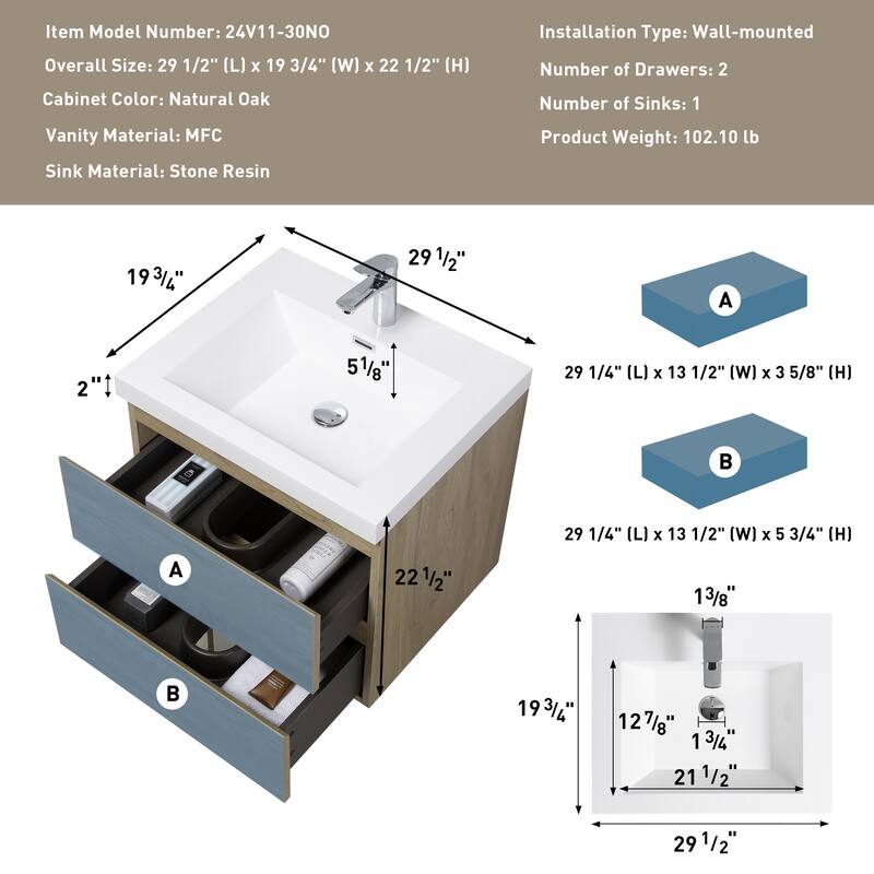 35.5-Inch Floating Bathroom Vanity with Glossy Resin Sink, Ash Grey Color, Wall-Mounted Design, 2 Drawers