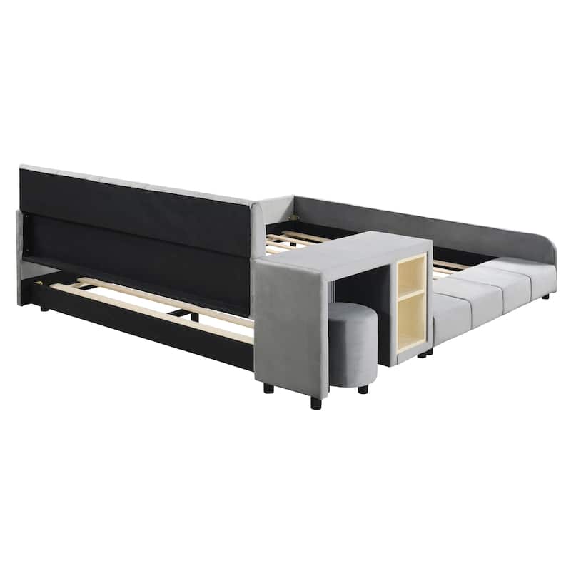 Full Size Velvet Upholstered Platform Bed w/ Bedside Desk & Stool, Mother & Child Platform Bed Frame w/ Footboard & Guardrail