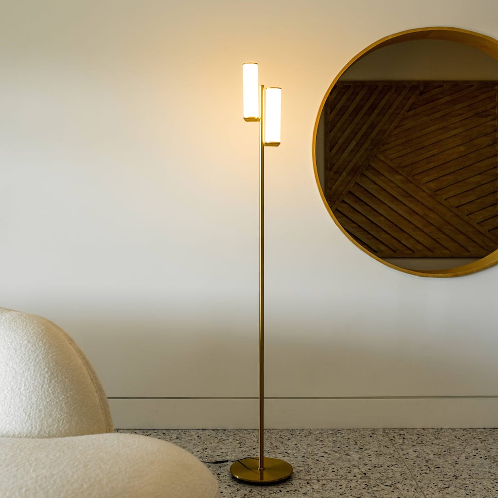 Brightech Gemini 64 in. Antique Brass Industrial 2-Light 3-Way Dimming LED Floor Lamp with 2 Frosted White Glass Cylinder Shades