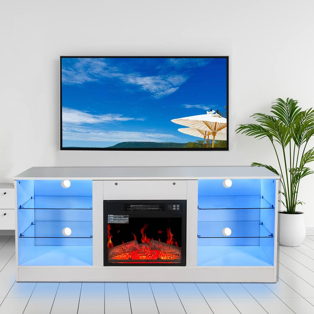 White 57.8" Fireplace TV Stand with Glass Shelves & Electric Fireplace for 62" TVs