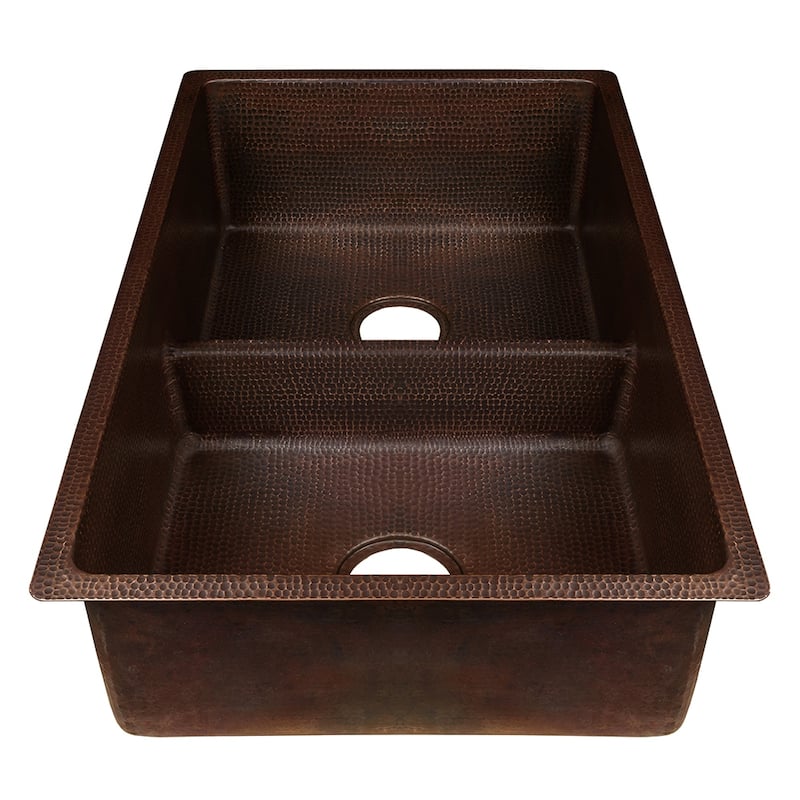 33-in Hammered Copper Kitchen 50/50 Double Basin Sink with Short 5-in Divider w/ Accessories (KSP3_K50DB33199-SD5)