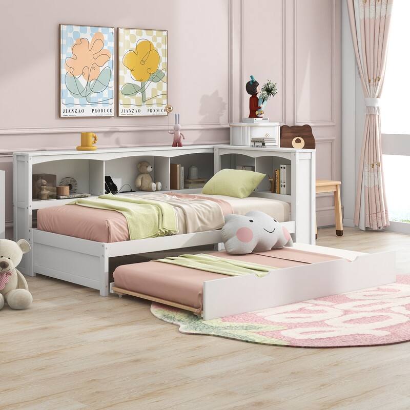 Wood Color Twin Size Daybed with Bookcases, Trundle and USB Ports On