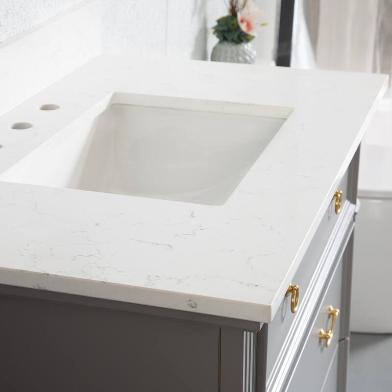 35'' H X 36'' W Solid Wood Bath Vanity with Stain-resistant Carrera White Quartz Top and Single Sink