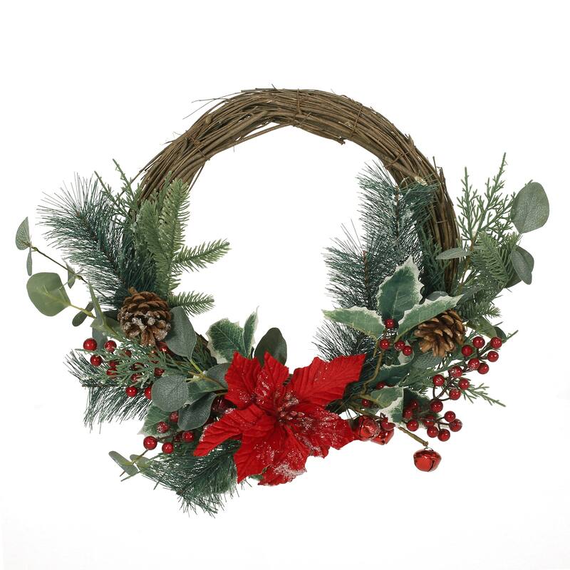 23.5" Poinsettia/Berry/Eucalyptus Half Wreath - Green Leaves