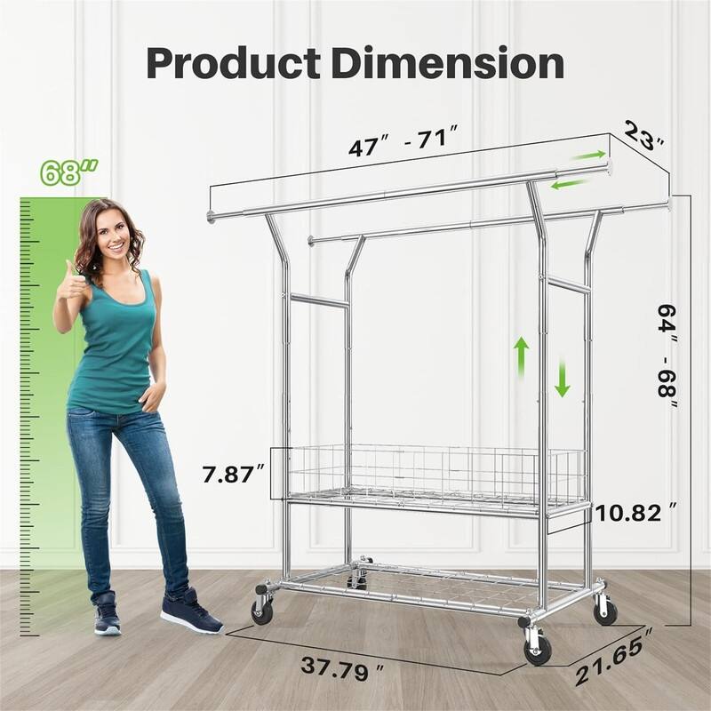 625 lbs Clothing Racks with Wheels - 71"D x 21.65"W x 68"H