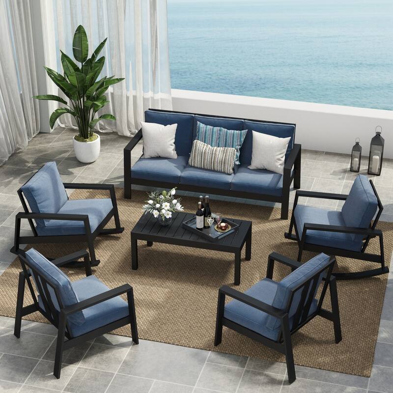 6-Piece Outdoor Sofa Seating Group With Rocking Chairs And Coffee Table - Blue