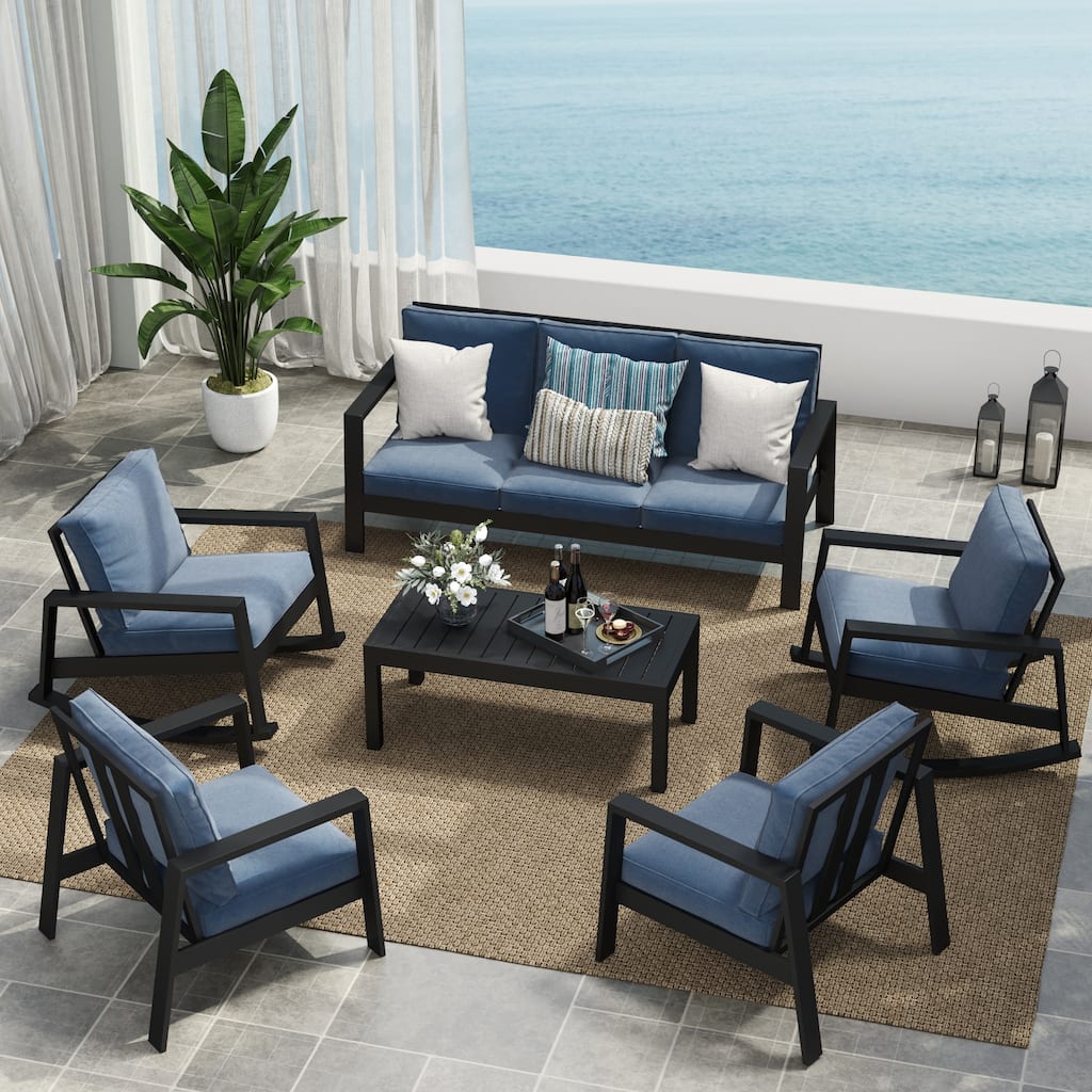 6-Piece Outdoor Sofa Seating Group With Rocking Chairs And Coffee Table