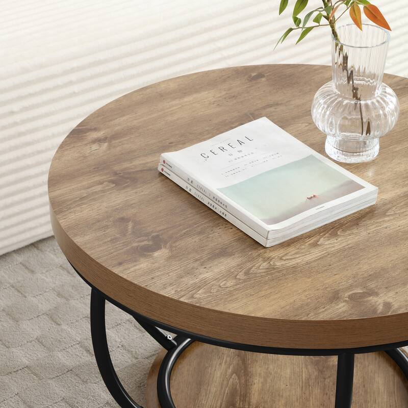 31" Round Industrial Coffee Table with 2-Tier Storage Shelves, Modern Wood & Black Metal Accent Center Table