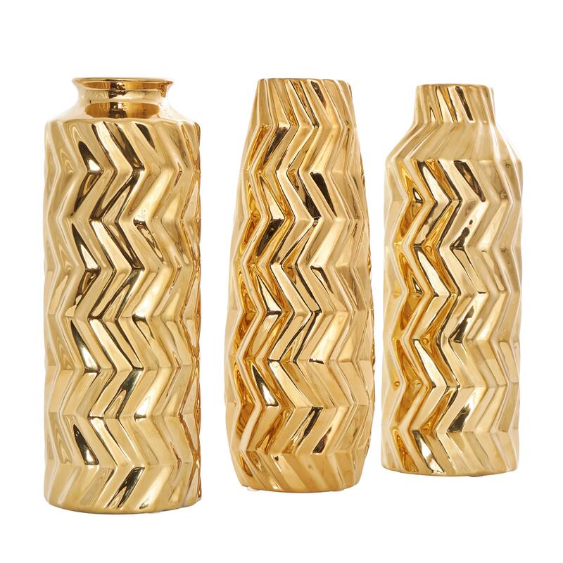 Gold Ceramic Dimensional Chevron Textured Decorative Vase with Varying Shapes (Set of 3)