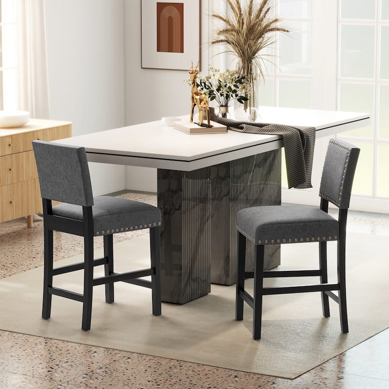Set of 2 Counter Height Bar Stools with Footrest and Rubber Wood Frame Comfortable Seating