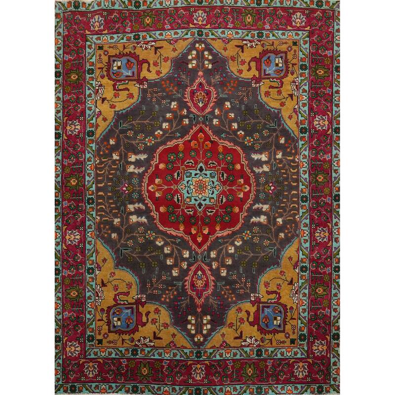 Hand Knotted Oriental 100% Wool Carpet Traditional Floral Greys & Charcoal Tabriz Area Rug - 6' 2'' X 5' 1''