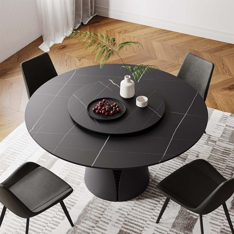 Modern Round White Dining Table，Sintered Stone Tabletop, Solid Black Carbon Steel Base