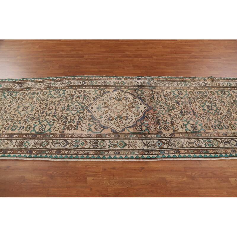 Geometric Hamedan Persian Runner Rug Hand-knotted Vintage Wool Carpet - 4'0" x 10'7"