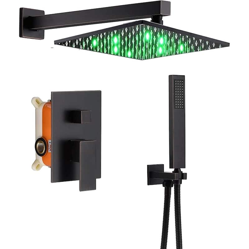 oil rubbered bronze wall mount 12 inch 3 LED light rain head 2 way shower faucet with handle sprayer - 7'6" x 10'9"