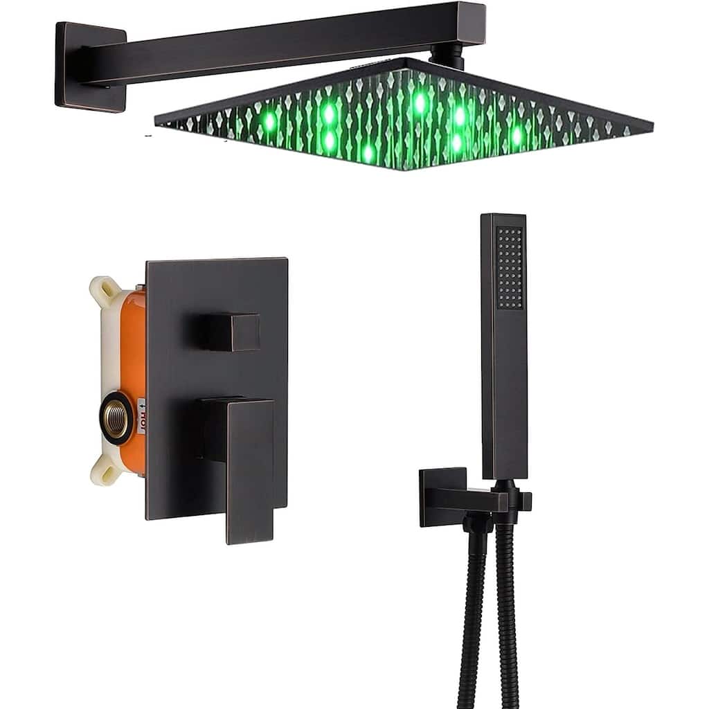 oil rubbered bronze wall mount 12 inch 3 LED light rain head 2 way shower faucet with handle sprayer - 7'6" x 10'9"