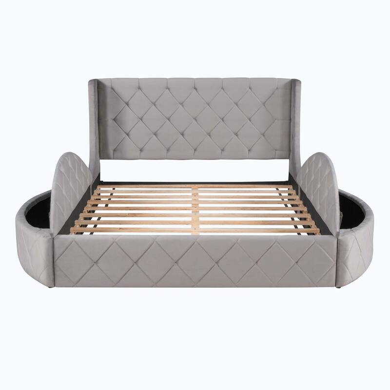 Queen Size Upholstered Platform Bed with Wingback Headboard and 1 Big Drawer,2 Side Storage Stool