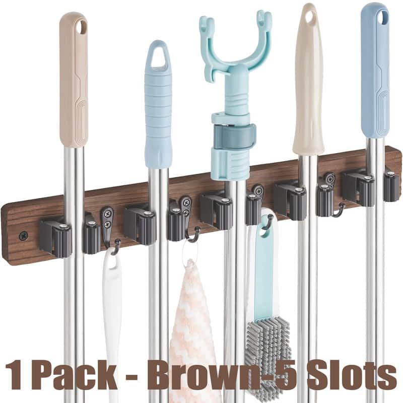 Mop and Broom Holder Wall Mount With 5 Slots & 4 Hooks - 1 Pack - Brown-5 Slots