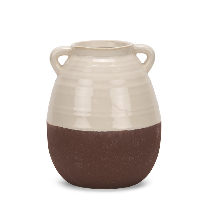 11" Brown And Cream Ceramic Amphora Table Vase - 7.87