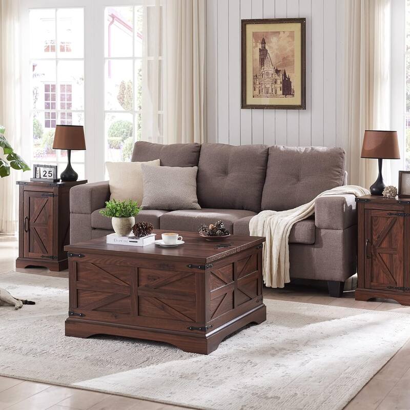 Farmhouse Nightstand with Charging Station, Wood Rectangular End Table