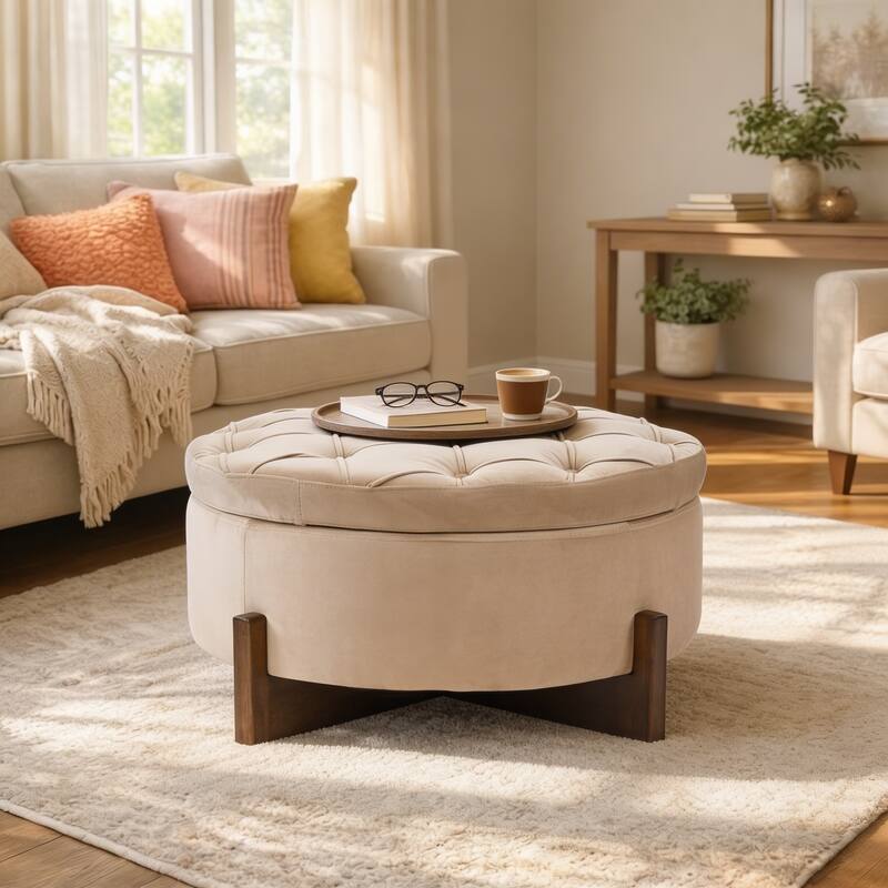 Christopher Knight Home - Mollet Mid-Century 32.28" Upholstered Tufted Round Hidden Storage Ottoman with Reversible Wood Lid