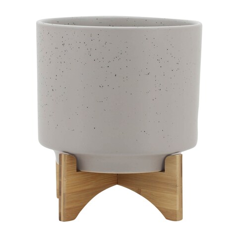 10" Planter with Wood Stand, Matte Beige 12.0"H - 10.0" x 10.0" x 12.0"