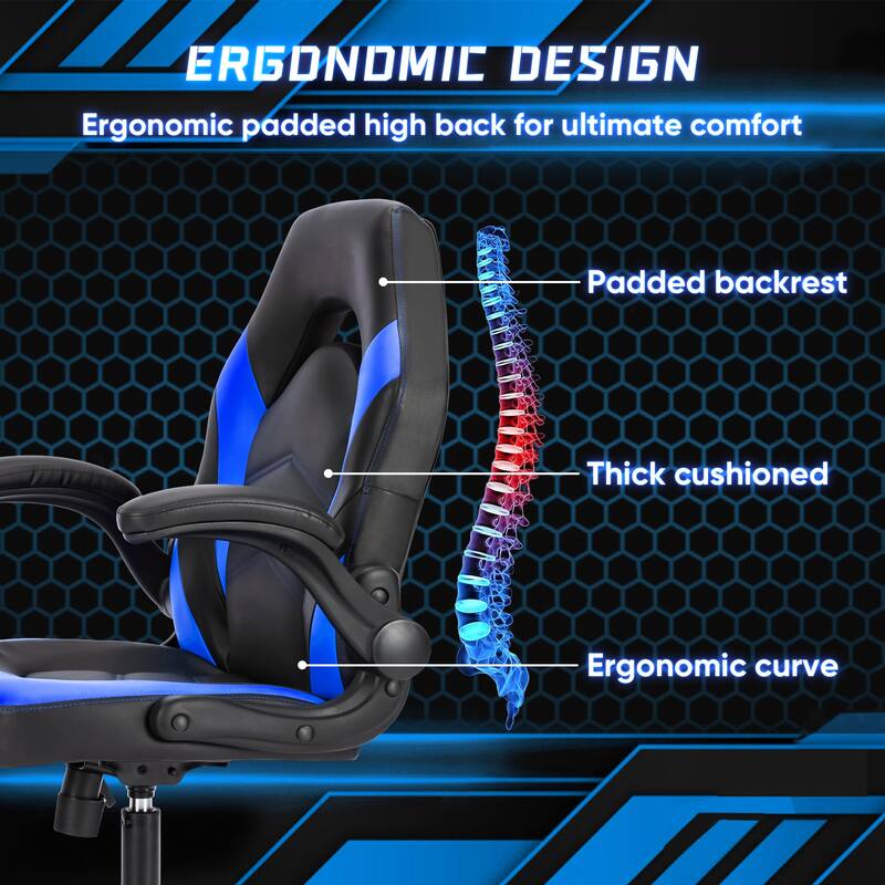 Ergonomic Gaming Office Chair, Adjustable PU Leather Executive Desk Chair with Flip-Up Armrests & Lumbar Support