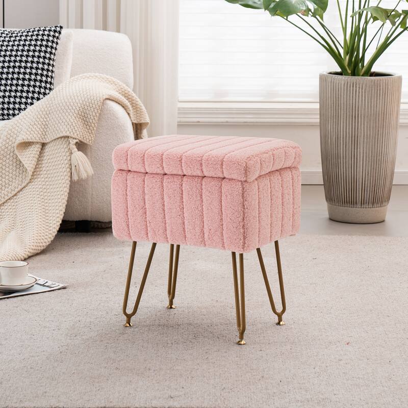 Set of 1 Lamb Wool Fabric Upholstered Storage Ottoman with Matte Golden Legs - Pink