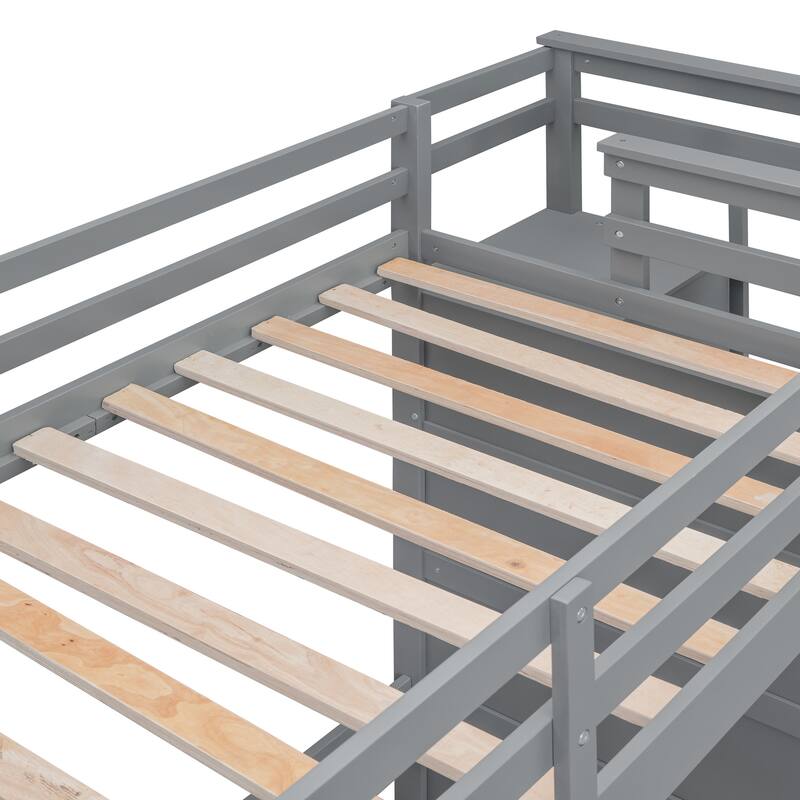 Solid Pine Bunk Bed with Trundle and Storage Staircase