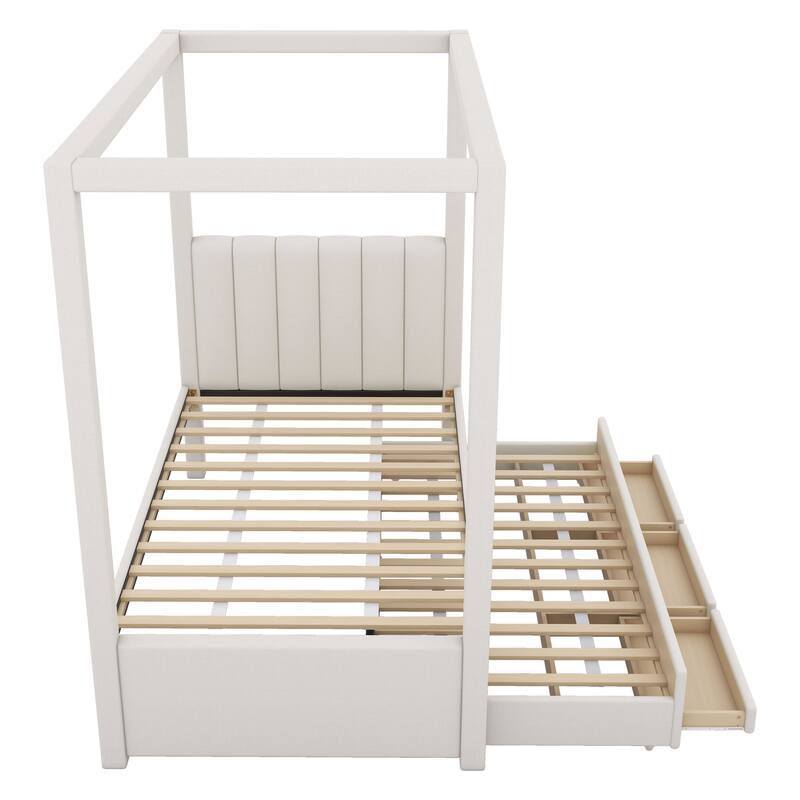Bedroom Twin Size Canopy Bed Frame, Upholstery Linen Platform Bed with Three Storage Drawers and Pull-Out Trundle Bed