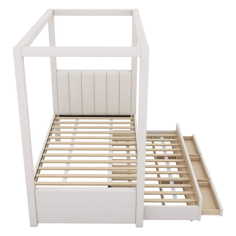Modern Canopy Bed Frame with Upholstered Headboard/Wood Platform Bed with Trundle & 3 Storage Drawers/Wood Slats Support/Beige