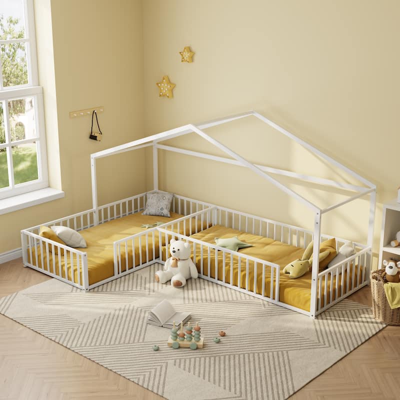 Twin Size L-shaped Corner Montessori Bed with Fence, Metal House-shaped Bed Frame, Without Slats, Floor House Bed for 2 Kids